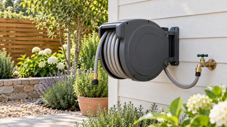 A wall-mounted retractable hose reel beside a garden spigot, with a short hose wound neatly on the drum.