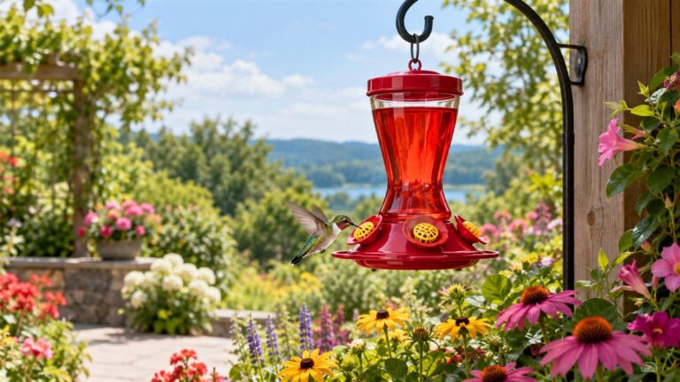 A red hummingbird feeder with bee guards hangs among colorful summer flowers.