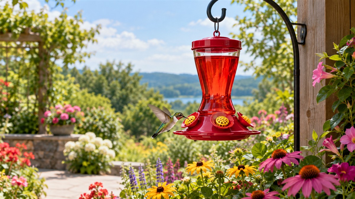 A red hummingbird feeder with bee guards hangs among colorful summer flowers.