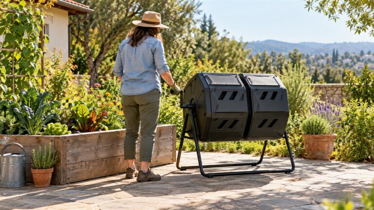 A gardener turns a black dual-chamber compost tumbler beside a raised bed.