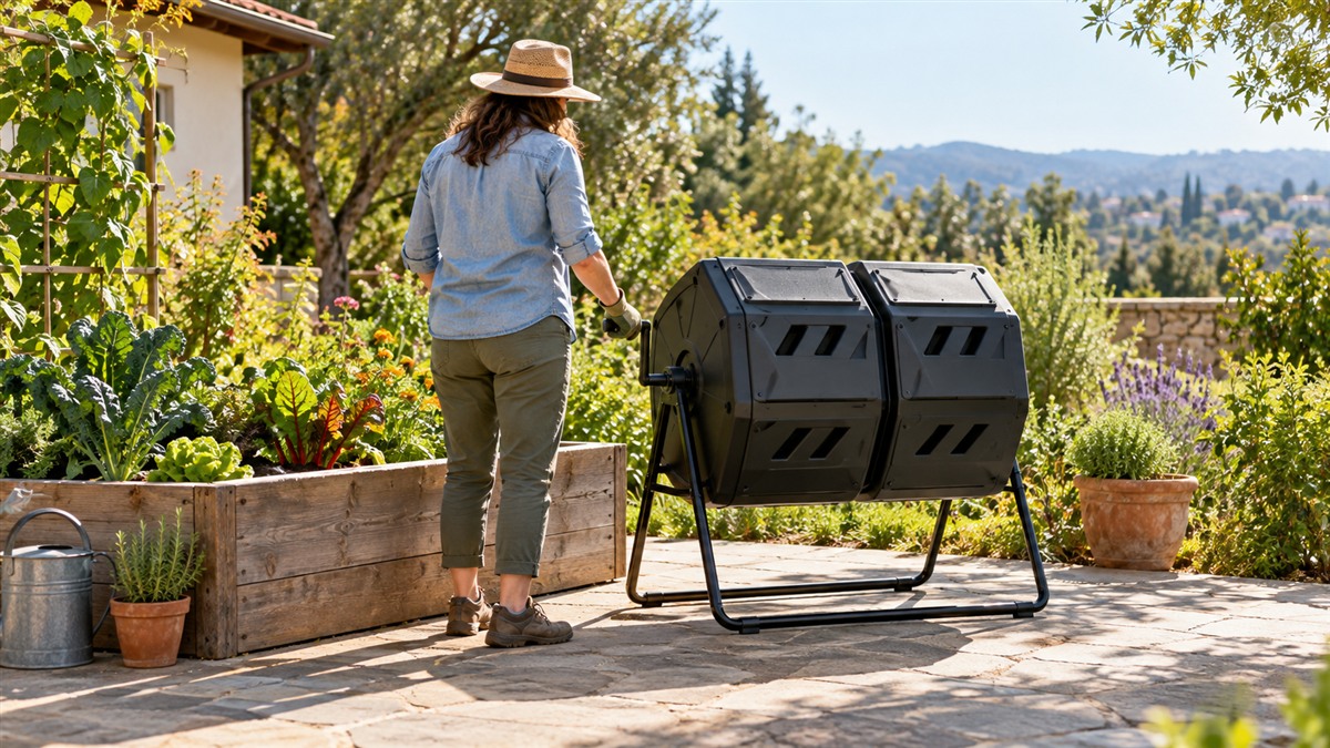 A gardener turns a black dual-chamber compost tumbler beside a raised bed.