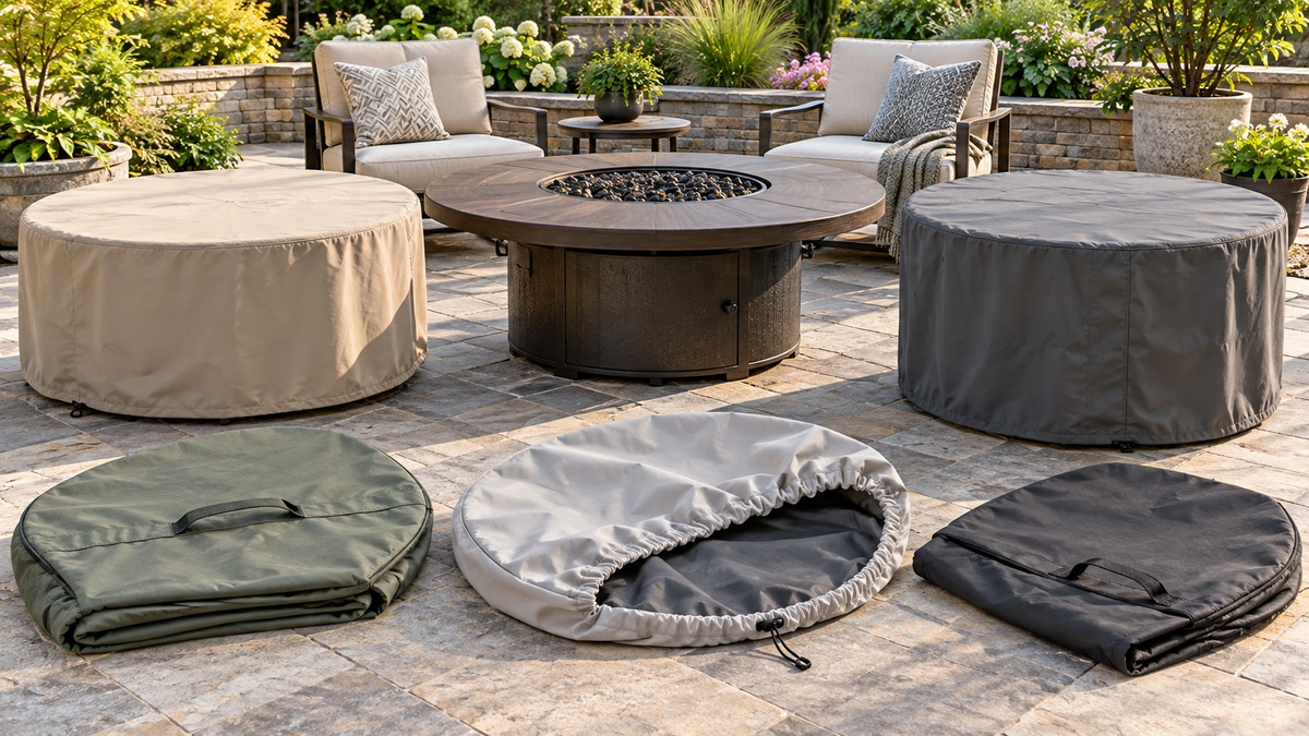 Several round fire pit table covers displayed fitted and folded on a garden patio.