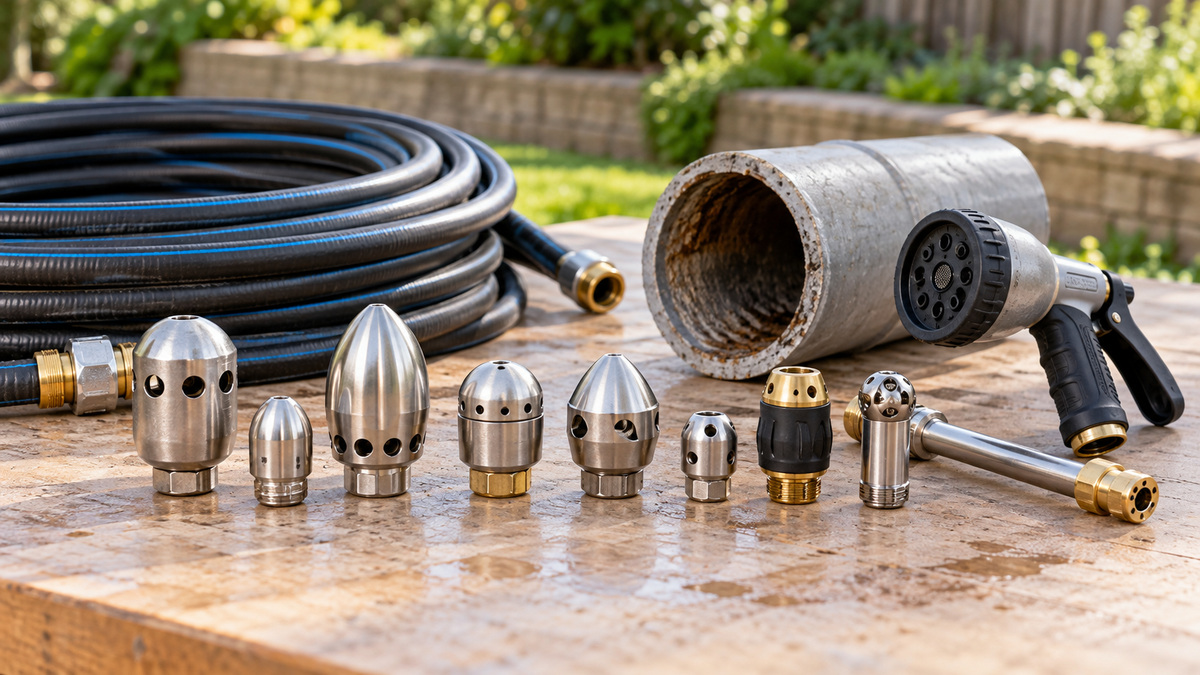Generic sewer jet nozzles and garden hose cleaning attachments arranged beside a coiled hose.