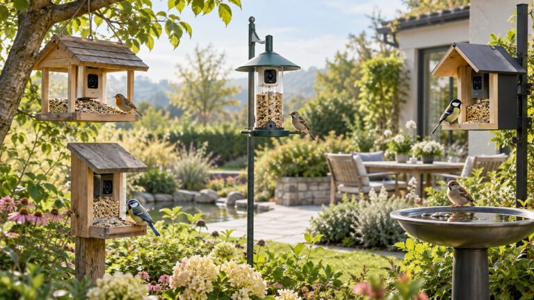Several generic camera bird feeder configurations displayed in a sunny garden.