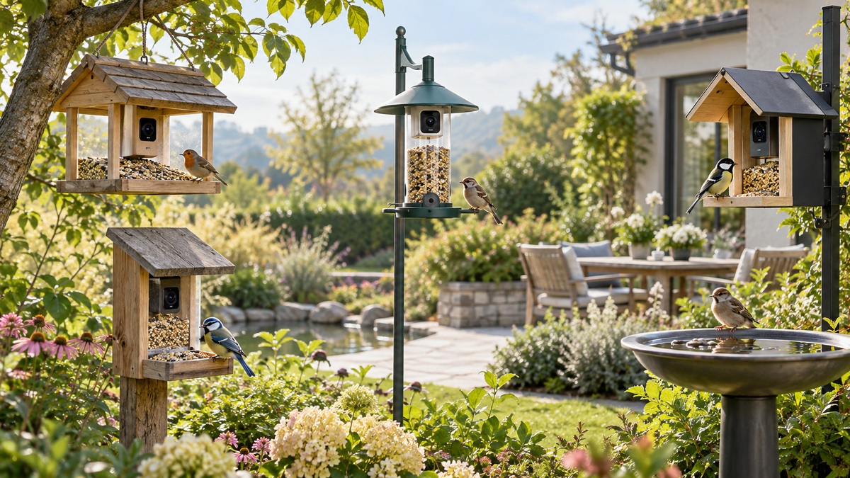 Several generic camera bird feeder configurations displayed in a sunny garden.