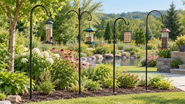 Several shepherd's hooks hold bird feeders in a landscaped garden.