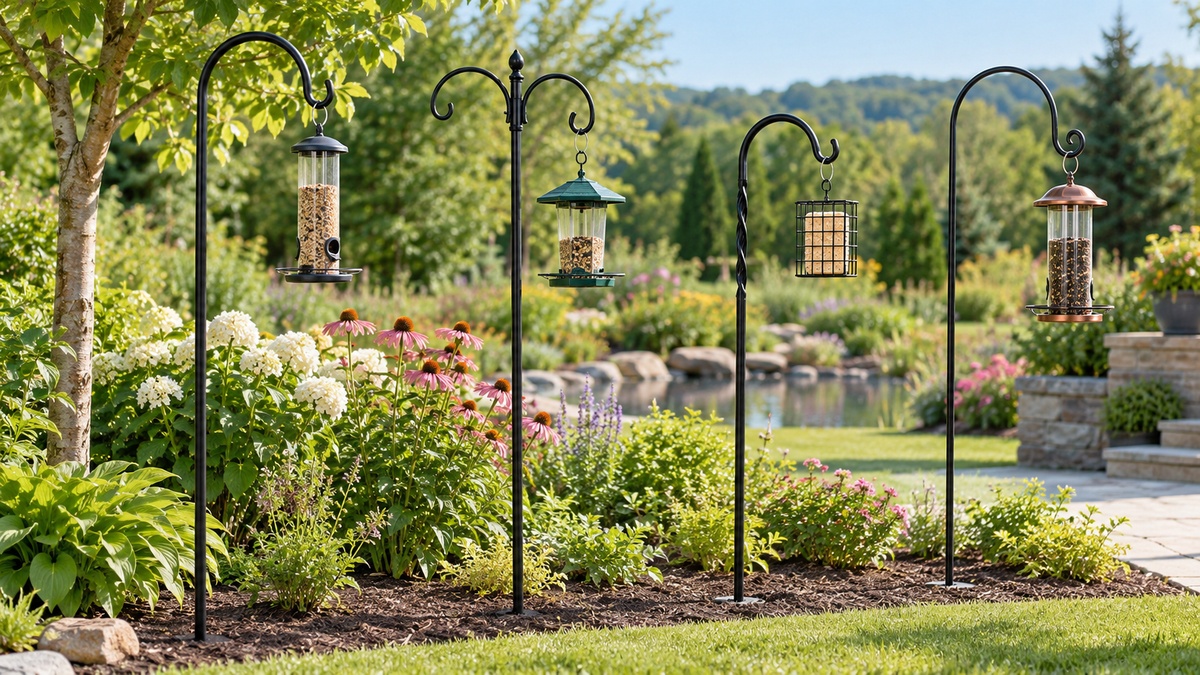 Several shepherd's hooks hold bird feeders in a landscaped garden.