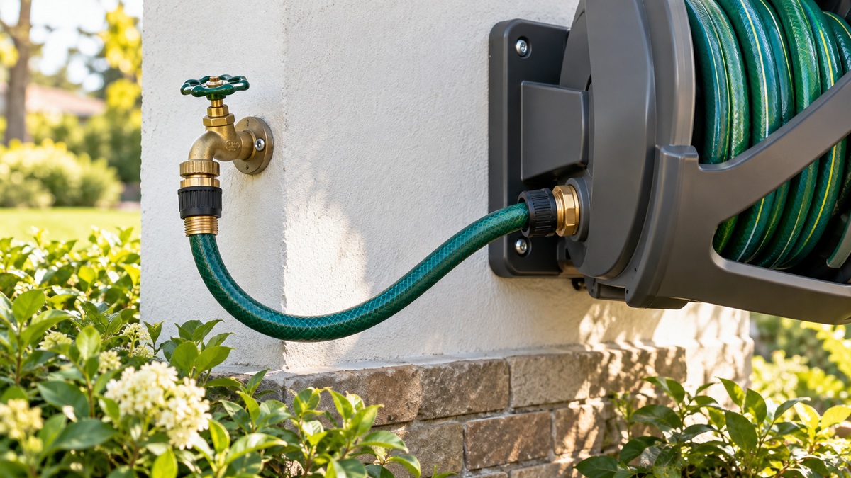 Short leader hose connecting an outdoor faucet to a hose reel.
