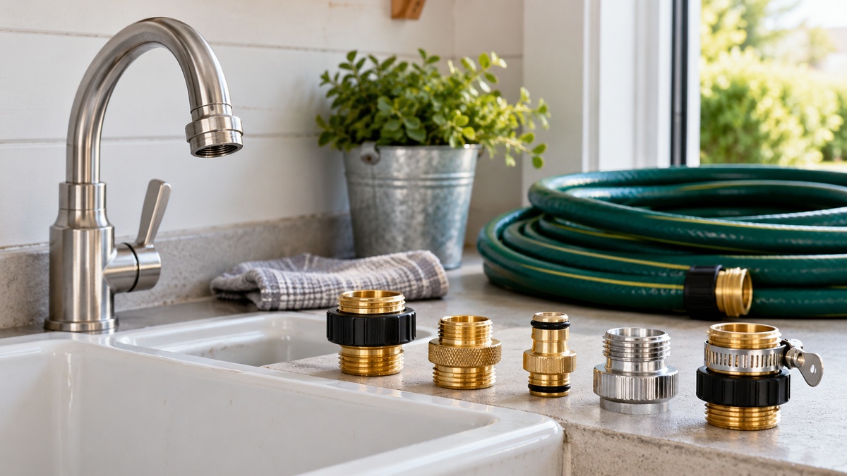 Several unbranded sink faucet-to-hose adapters are arranged beside a utility sink and garden hose.