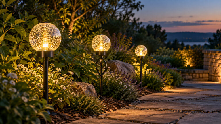 Warm glowing crackle-glass solar stake lights lining a garden path at dusk.