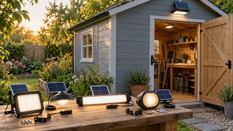 Several generic solar lights with switches and panels displayed beside a garden shed.