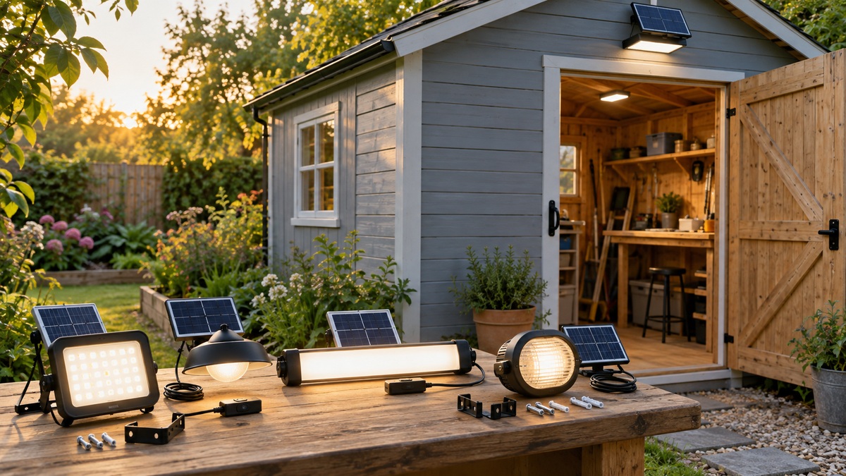 Several generic solar lights with switches and panels displayed beside a garden shed.