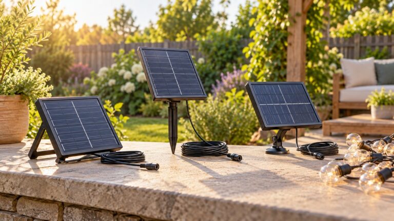 Three generic small solar panels for LED string lights arranged on a sunny garden patio.