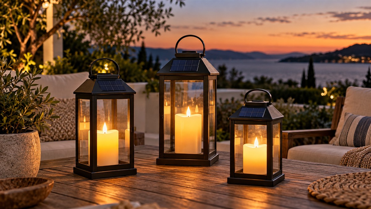 Three solar lanterns with flickering LED flames glowing on a patio table at dusk.