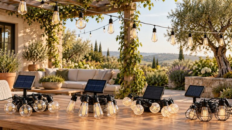 Several solar-powered Edison-bulb string light styles arranged on a sunny garden patio.