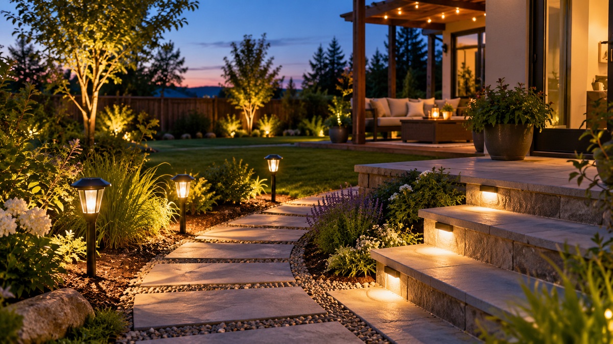 Solar LED path and step lights illuminate a landscaped backyard patio at dusk.