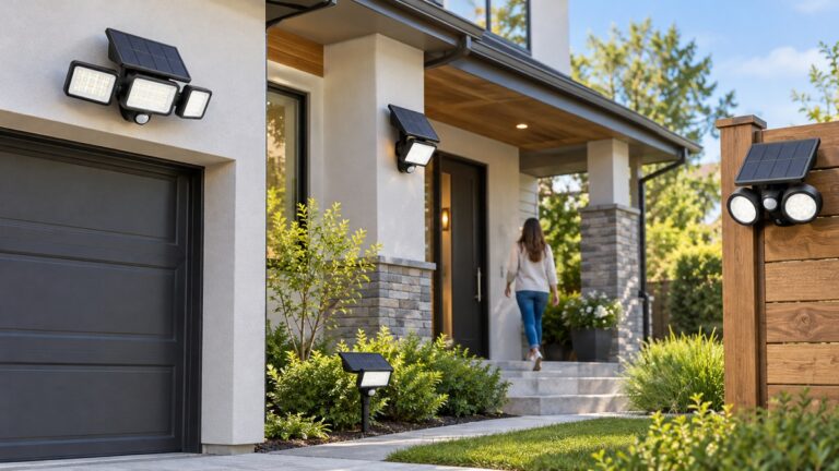 A tidy outdoor setup showing the compared solar motion flood light options in natural daylight.