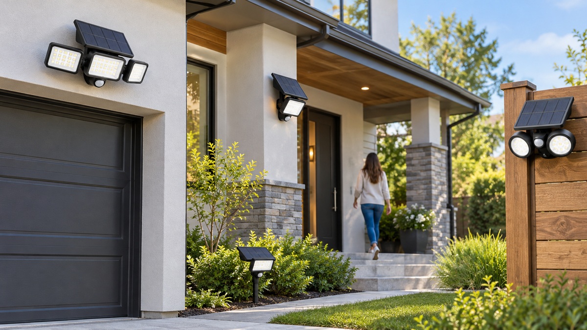 A tidy outdoor setup showing the compared solar motion flood light options in natural daylight.