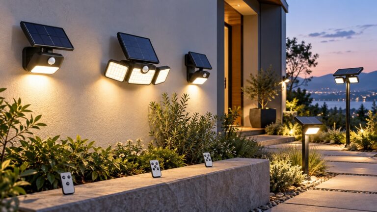 Solar security lights and remote controls displayed along a modern home exterior.
