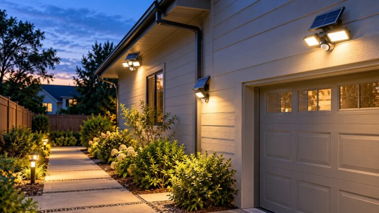 Solar motion security lights illuminate a residential garage wall and garden path at dusk.