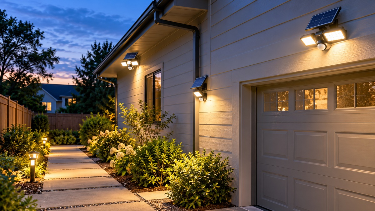 Solar motion security lights illuminate a residential garage wall and garden path at dusk.