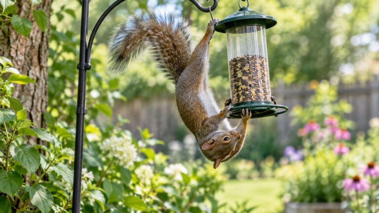 Squirrel hanging acrobatically from a backyard bird feeder.