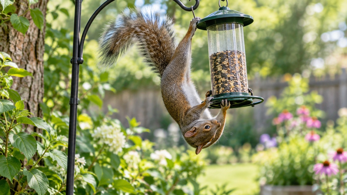 Squirrel hanging acrobatically from a backyard bird feeder.