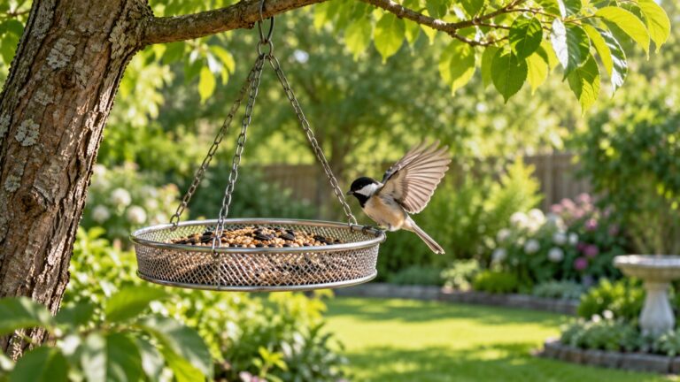 A stainless steel mesh bird feeder tray hanging from a branch, with a songbird landing on its edge in a green backyard.