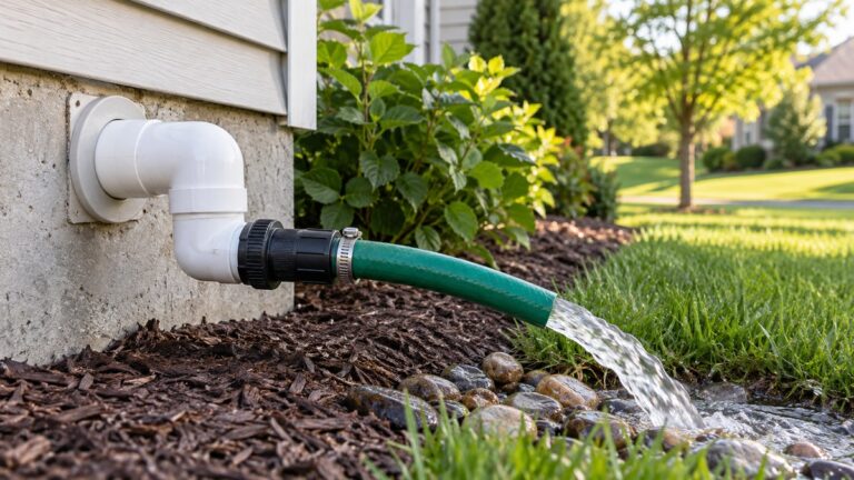 Sump pump discharge adapter connected to a garden hose outdoors.