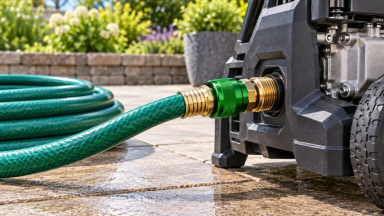 A green aluminum garden hose adapter threaded onto a pressure washer's water inlet, with a coiled garden hose resting on a patio.