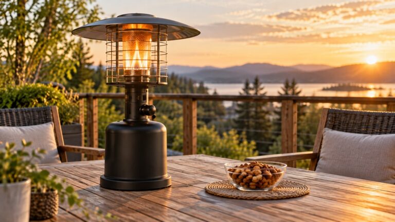 A small black tabletop propane patio heater on a wooden deck table, lit, with a glass bowl of nuts and two chairs in the background.