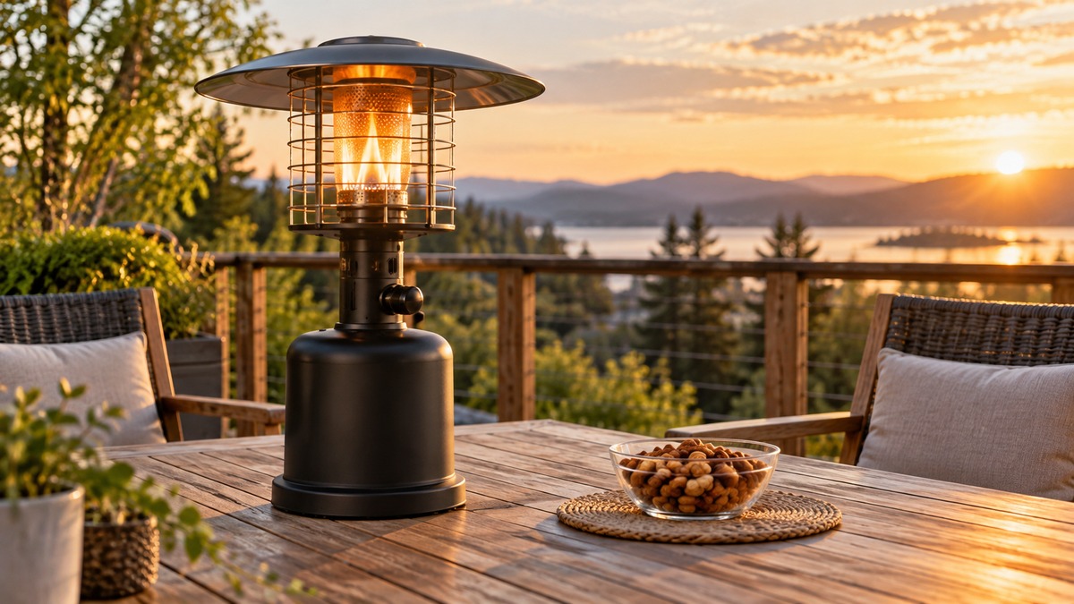 A small black tabletop propane patio heater on a wooden deck table, lit, with a glass bowl of nuts and two chairs in the background.
