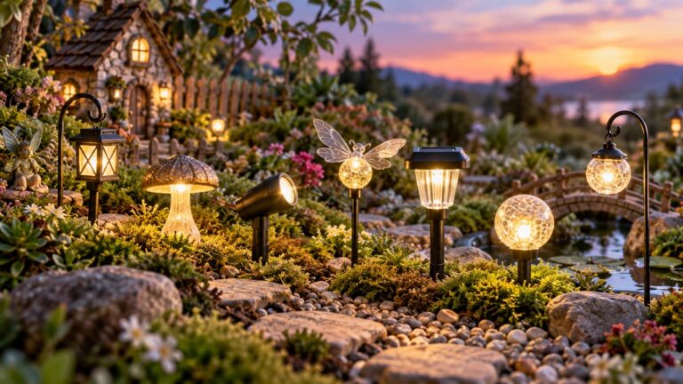Tiny solar lights glowing among moss and miniature plants in a fairy garden.