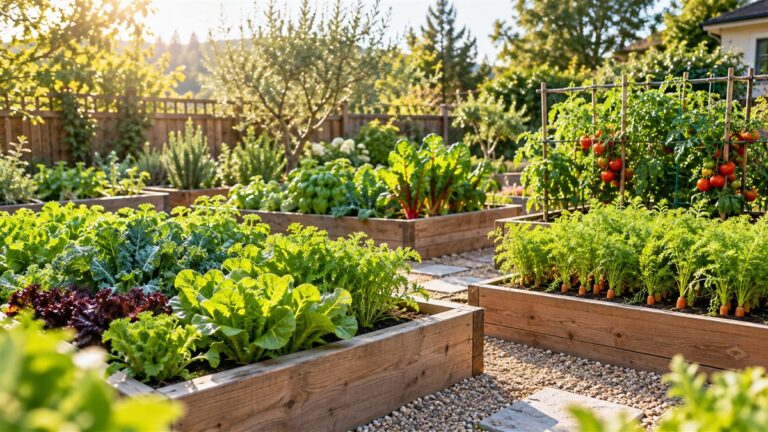 Raised garden beds grow leafy greens, carrots, and tomatoes in a sunny backyard.