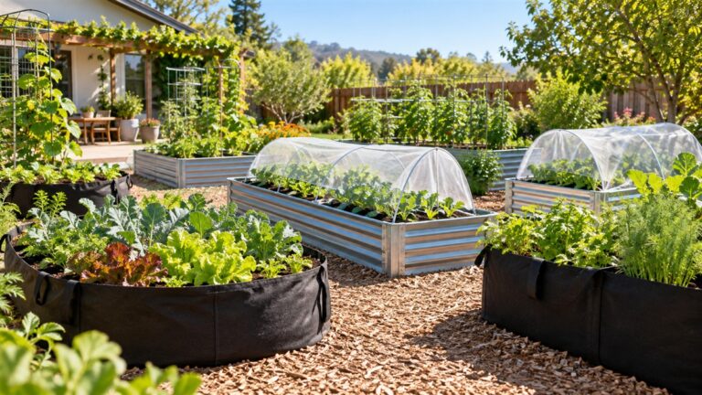 Fabric and metal raised beds hold young vegetables beneath protective covers.
