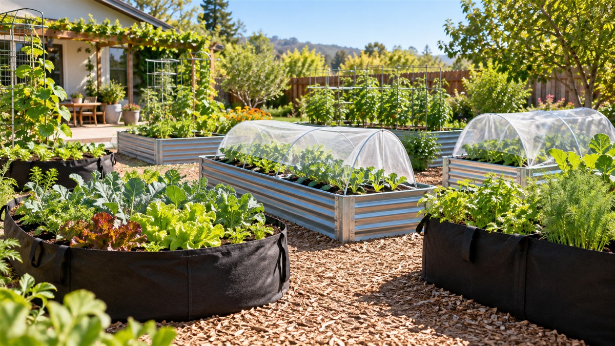 Fabric and metal raised beds hold young vegetables beneath protective covers.