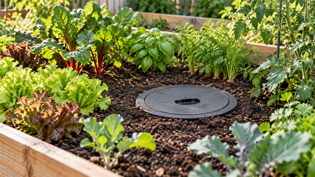 A round worm bin lid sits flush with soil among vegetables in a raised bed.