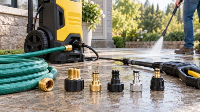 A tidy outdoor setup showing the compared water-hose pressure-washer adapter options in natural daylight.