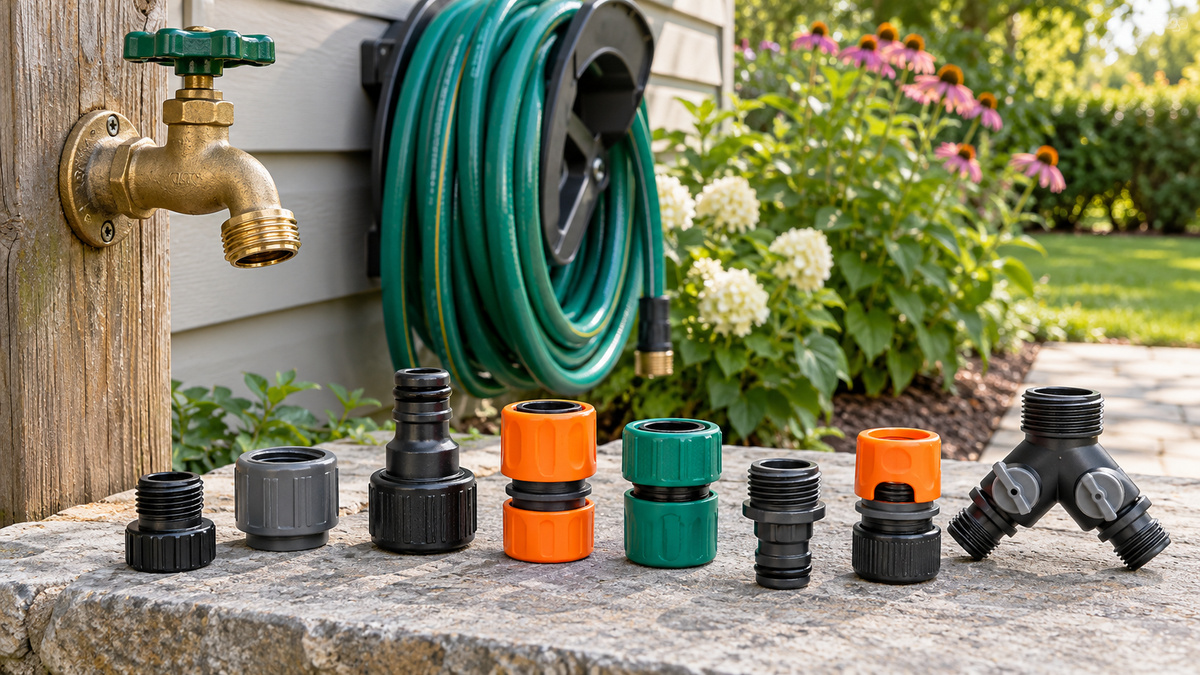 Plastic garden hose fittings and adapters are compared beside an outdoor faucet.