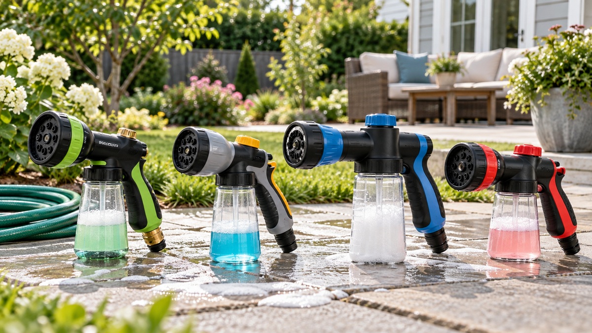 Several hose sprayers with soap dispensers compared on a sunny garden patio.