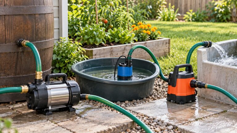 Three utility water pumps connected to garden hoses in a sunny backyard.