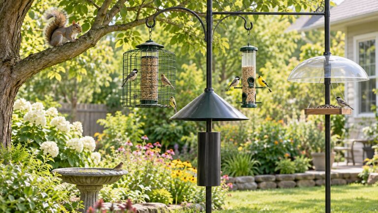 Humane squirrel baffles and guarded bird feeders shown in a sunny garden.