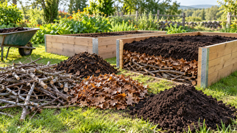 Branches, leaves, compost, and soil illustrate practical raised-bed filling layers.