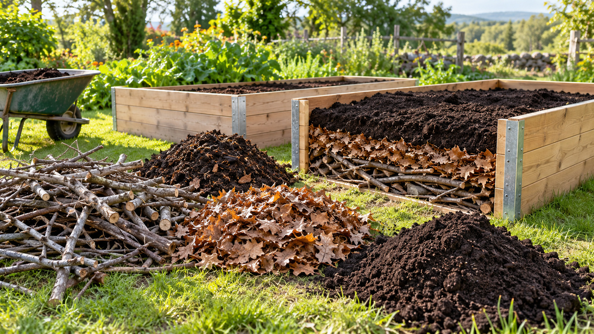 Branches, leaves, compost, and soil illustrate practical raised-bed filling layers.