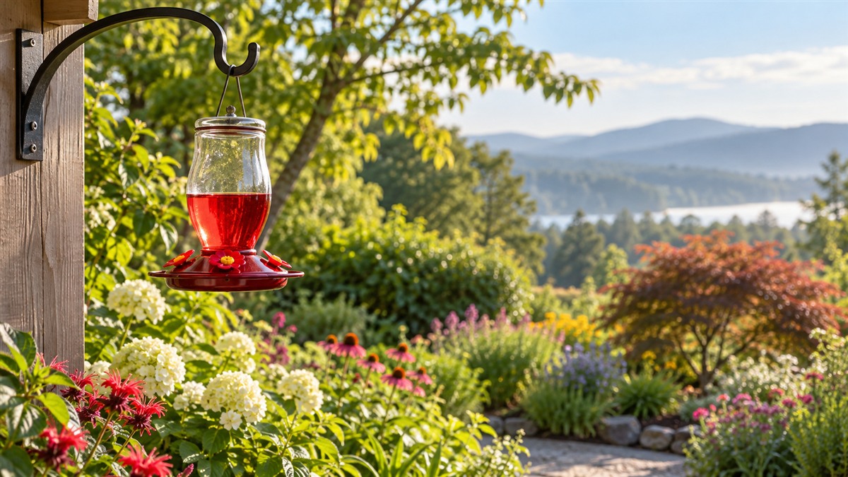 A glass hummingbird feeder hangs from a deck hook overlooking a morning garden.