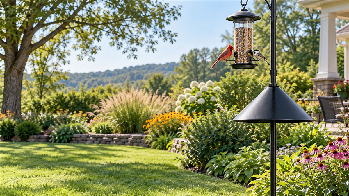 A pole-mounted bird feeder stands above a black cone baffle in a sunny garden.