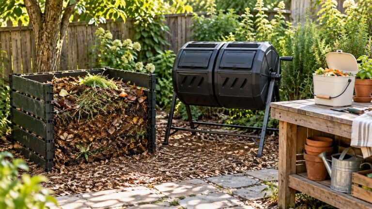 An open compost pile, tumbler, and scrap caddy form a backyard composting station.