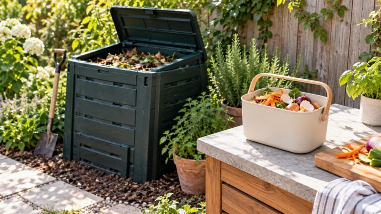 An outdoor compost bin sits beside a caddy filled with vegetable scraps.