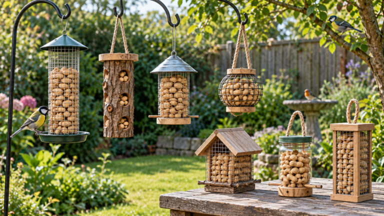 Homemade whole-peanut bird feeder designs arranged in a peaceful backyard garden.