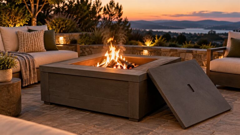 A wood burning fire pit table with its lid set beside it on a backyard patio at dusk.